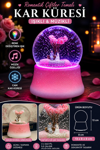 Tamsena Store 13 cm Orta Boy Romantik Çiftler Temalı Işıklı Müzikli Kar Küres...
