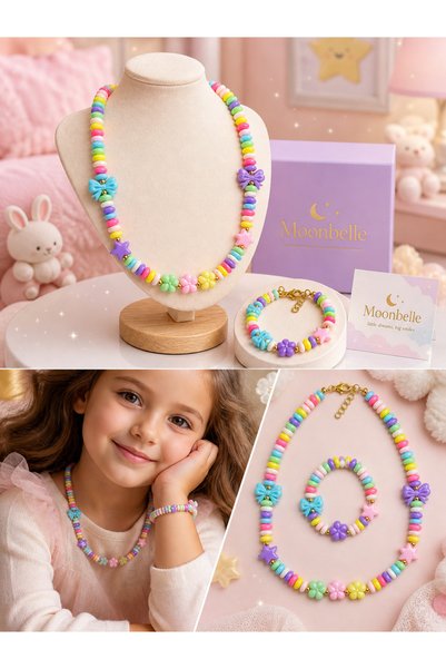 Moonbelle Colorful Beaded Girls' Necklace and Bracelet Set – Flower & Star Detailed Jewelry Set