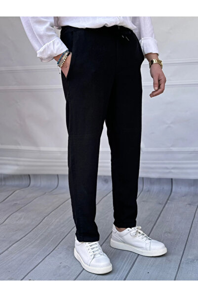 MODEFENDİ Double Leg Relax Fit Raw Linen Trousers with Waist Elastic and Rope...