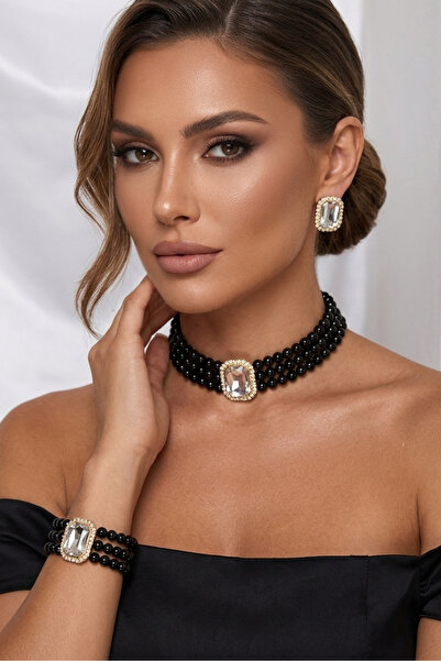 Happyline Baget Taşlı Siyah İncili Choker Kolye Küpe Takım, Siyah Cam İncili ...