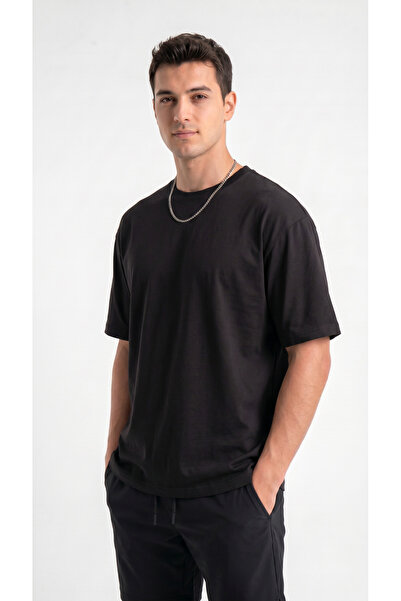 Erkek Siyah Oversize T-shirt Rahat Kalıp Bisiklet Yaka Penye Kumaş