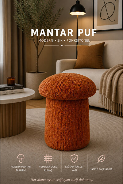 Tasarım Luxury Mantar Puf – İthal Bukle Kumaş, Modern & Zarif
