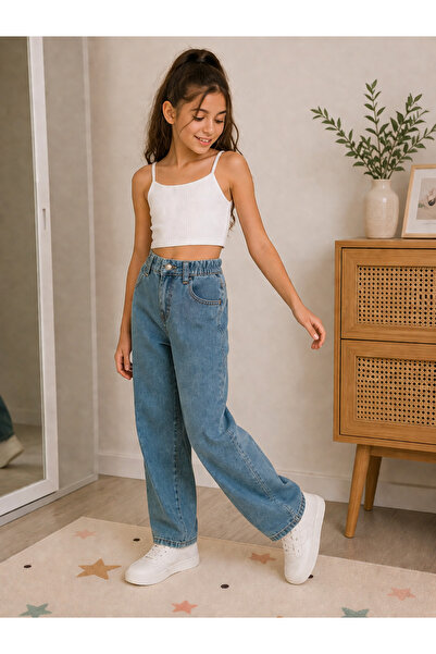 Beblissmini Kız Çocuk Yüksek Bel Mom Jean Pantolon Mavi Salaş Rahat Model