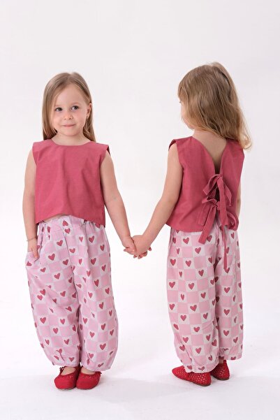 Zuma Kids Kız Çocuk Bordo Pembe %100 Pamuk Kalp Desenli Kareli Balon Pantolon...