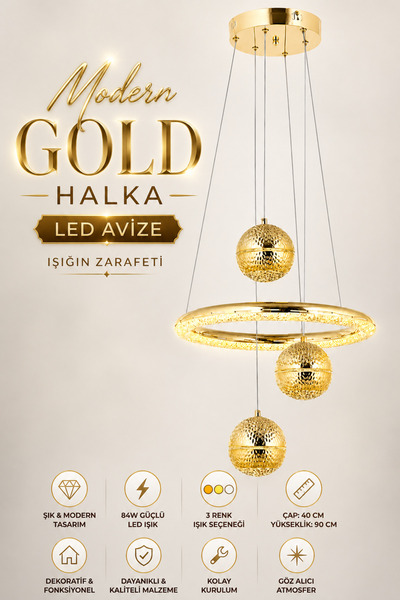 Elvora Home Gold Küreli Modern PREMİUM 3 Renkli LEDli Sarkıt Avizesi Salon Mu...