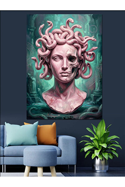 Artmeg Pânză decorativă cu bust de meduză roz cu păr de șarpe - Tablou din le...