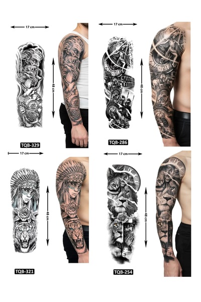 Airbrush Tattoo Mücadele Tarz 4 Adet Birden Tam Kol Kaplama 1 Hafta Kalıcı Ge...
