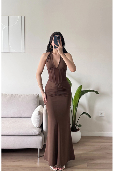 Zoom Butik Bel Korse Maxi Elbise - KAHVE