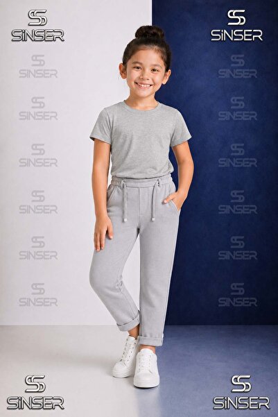 SS SİNSER Girls' Plain Trousers with Elastic Waist, Lycra, Folded Cuffs Style...