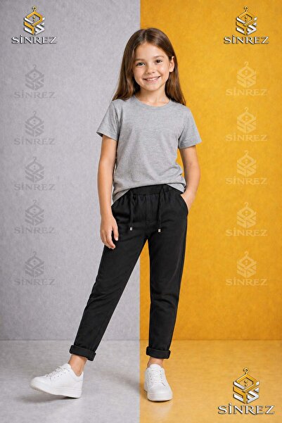 SİNREZ Girls' Plain Trousers 3.Mdl Elastic Waist Lycra Folded Leg Style