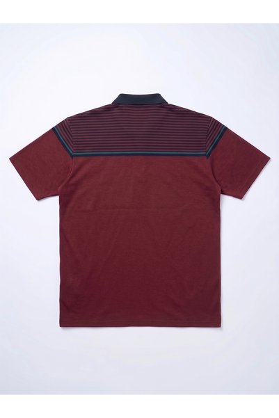TURHAN TRİKO Burgundy Navy Blue Striped Short Sleeve Polo Collar Men's T-Shirt