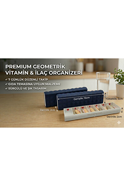 7 Günlük Sürgülü - Kapaklı İlaç Vitamin Saklama - Taşıma Kutusu Kabı - Koyu Mavi