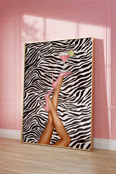 NinaStore Zebra Desenli Duvar Sanatı - Pembe Topuklu Ayakkabı Posteri - Kokte...