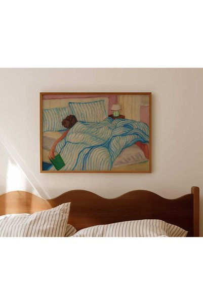 NinaStore Çizgili Yatakta Uyuyan Kadın Baskısı - Yatak Üstü Yatay Sanat Eseri...
