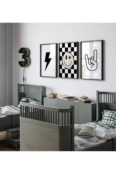 NinaStore Rock and Roll Posteri - 3'lü Set - Siyah Beyaz Çocuk Odası - Kareli...