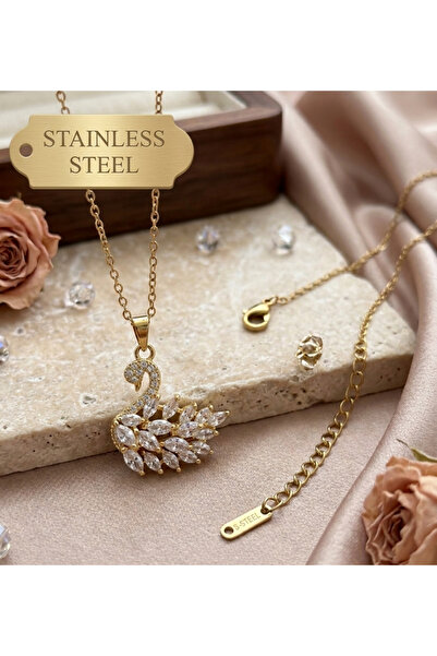 stainless steell Gold Color White Zircon Stone Swan Model Tarnish-Resistant S...