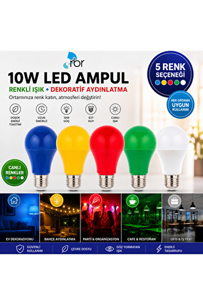 RBR 10W Renkli LED Ampul Seti (5’li) | Mavi, Sarı, Kırmızı, Yeşil, Beyaz | De...