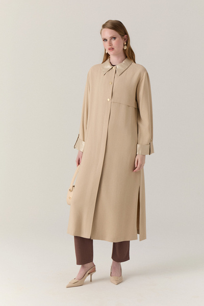 Zühre Detaliu guler, cu nasturi, elegant, bej, Giy Çık 0339