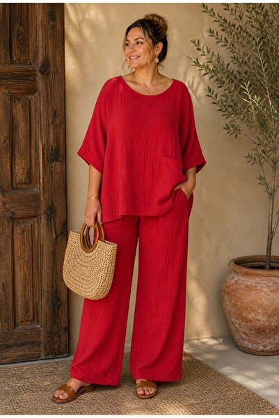 butikhandece Müslin Dokulu Oversize Bluz Ve Geniş Paça Pantolon İkili Takım