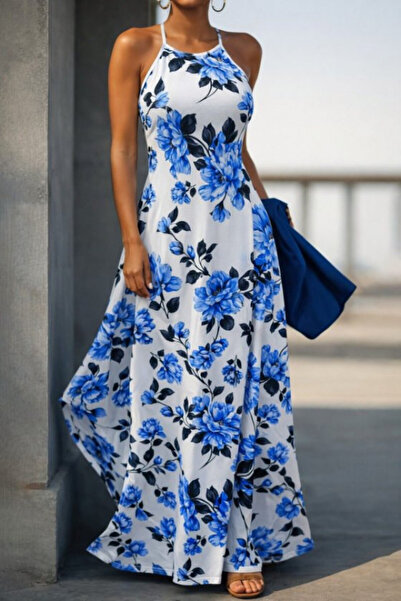 Efnaz style Women's Patterned Long Single Jersey Dress with Open Shoulder Straps