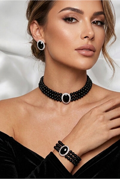 Happyline Oval Taşlı Siyah İncili Choker Set Takım, Siyah Cam İncili Kolye , ...