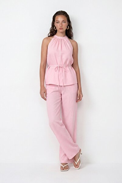 VAGGON Halter Neck Tie-Down Detailed Blouse and Double Pocket Trousers Linen Set