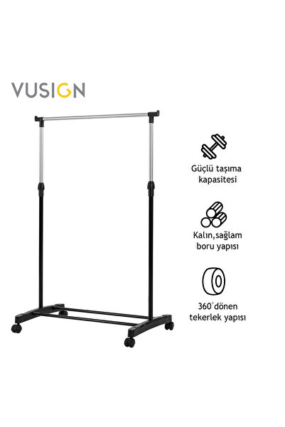 Vusign Tek Çubuklu Elbise Askısı Tekerlekli Metal Askılık 140x38x70 cm Gümüş