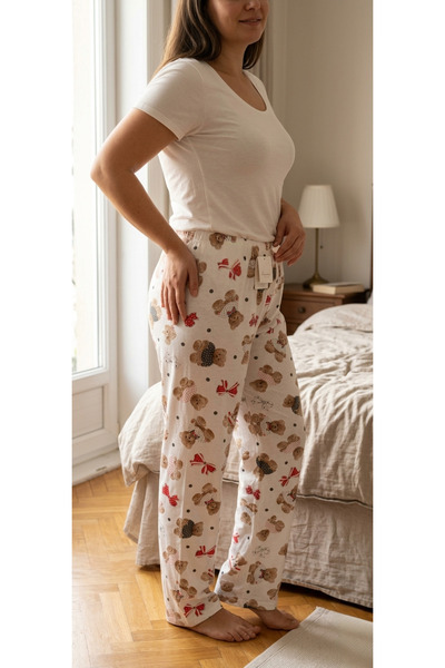Sevimli Ayıcık Figürlü Pijama Pamuk-Viskon Rahat Kesim ev Alt Giyim