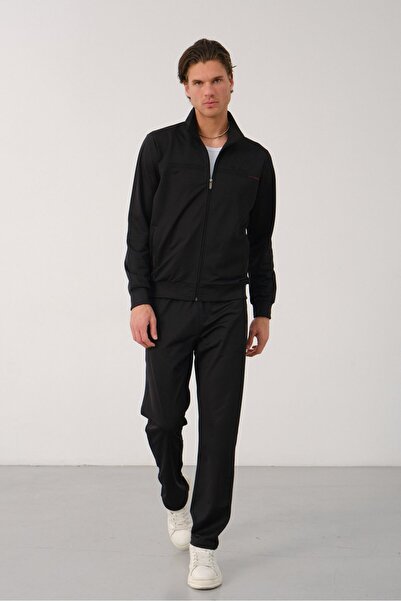 Lavix Black Men's Tracksuit Set Zippered Stand Collar Top Regular Fit Sports Set