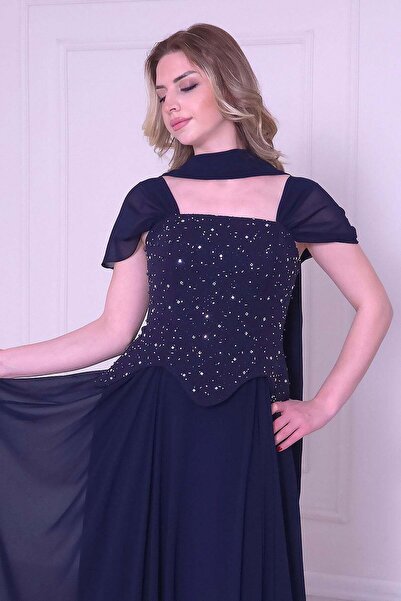 Yonca Moda Evi Lacivert Şifon Askılı Abiye 4077