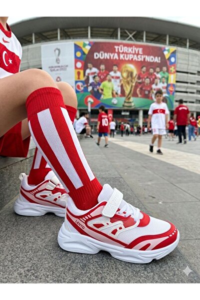 Lento A-46 Unisex Çocuk Beyaz Kırmızı Spor Ayakkabı – Cırt Cırtlı Ve Bağcıklı...