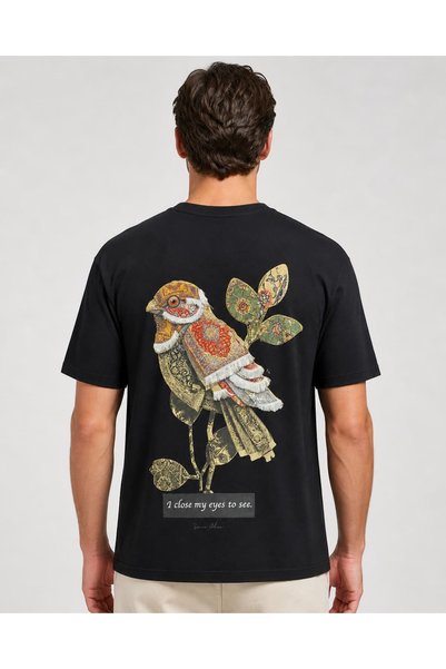 CANMODA Unisex Black Ethnic Bird Patterned Oversize T-Shirt