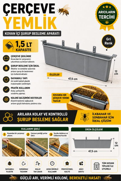Aksaray Arıcılık Kayık Yemlik 5 Adet 1,5 Lt Gri – Kovanı İçi Şurup Besleme Ap...