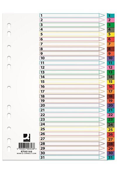 Q-Connect Index carton alb Mylar numeric 1-31, margine PP color, A4, 170g/mp,