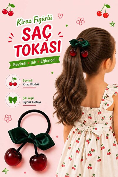 mdm style Cherry Figure Detailed Girls' Hair Clip – Green Bow Design