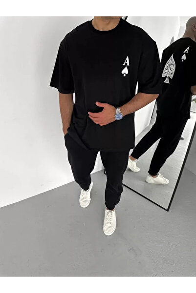 Efnaz style Unisex Crew Neck Printed Oversize T-Shirt - Black