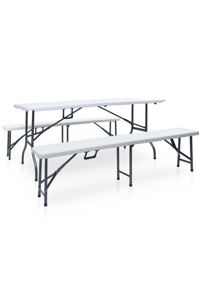 vidaxl Masa de gradina pliabila cu 2 banci, alb, 180 cm, oÈ›el si HDPE