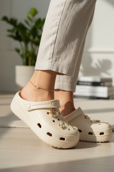 Apella Gold Charm Detailed Women's Sabo Slippers - High-Soled and Stone-Embel...