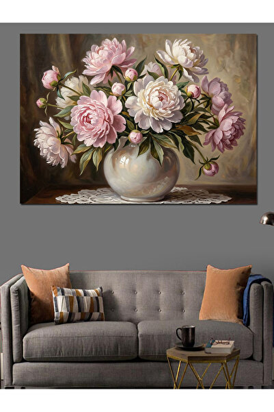 Artmeg Flori de bujor roz și alb într-o vază - Pânză decorativă - Tablou din ...