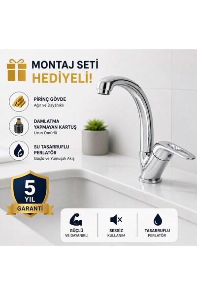 Sardıcı Defne Lavabo Bataryası 5 Yıl Garantili Pirinç Gövde Çift Su Girişli M...