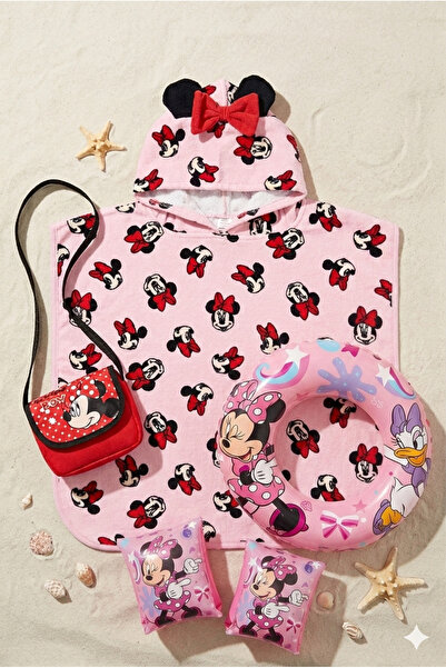 Minnie Mouse Kız Çocuk Panço Plaj Havlusu + Çantalı Can Simidi ve Yüzme Kollu...