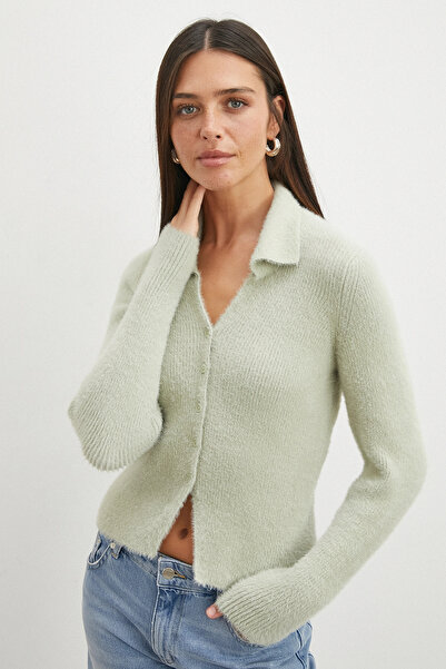 UTERPE Mint Yeşili Tüylü Crop Hırka