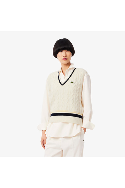 Lacoste Kadın Classic Fit V Yaka Krem Süveter