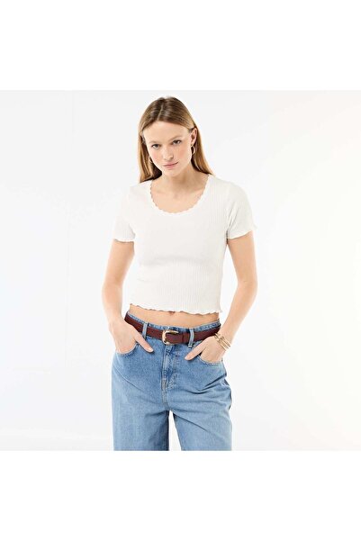 KIABI Ribbed Short-Sleeve T-Shirt With Ruffle Details White