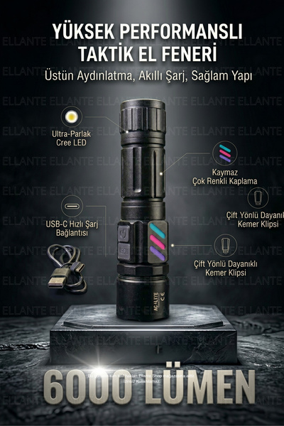 ellante Çok Fonksiyonlu Mıknatıslı Taktik El Feneri - 6000 Lümen Kamp ve Acil...