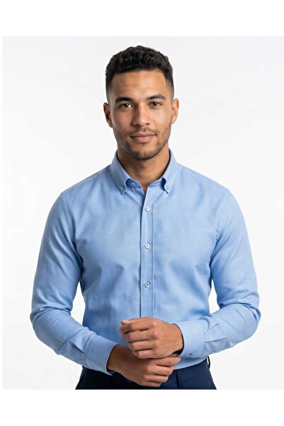 Özeniş Erkek Cepsiz Pamuklu Uzun Kollu Oxford Kumaş Slim Fit Gömlek