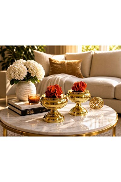 RoyalDecorHome Dekoratif 2'Li Mercan Ayaklı Şekerlik, Kutu&Obje Gümüş/Gold