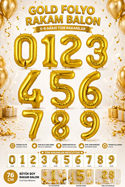 Öz-bal Gold 76 CM Büyük Boy Rakam Balon – Altın Folyo Yaş Balonu Doğum Günü P...