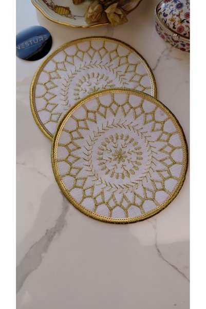 NESTURE Gold Sequin and Embroidered Linen Cocktail Presentation Napkins, Pack of 2 | Authentic Mandala Series Aria- Tek Pul