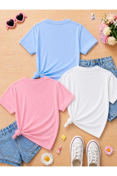 LORVEX Super Strong Girls Printed Oversize 100% Cotton Colorful Children's Adult T-Shirt (Price for 3 Pieces)
